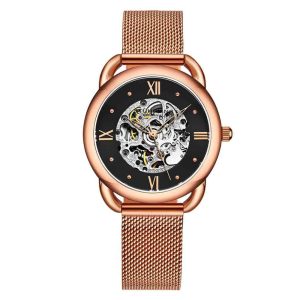 Relgio Stuhrling 3990M Automtico 36mm Mostrador Preto com Detalhes em Rosa e Pulseira em Ao Inoxidvel com Fivela Dobrvel em Ouro Rosa.