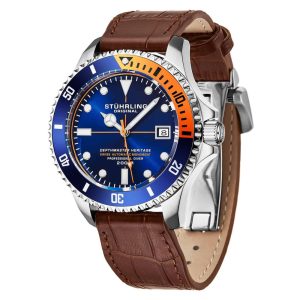 Relogio Swiss Automatico Depthmaster Heritage 883HL 42mm Mostrador Azul e Prata Pulseira de Couro Marrom e Fivela Stuhrling.