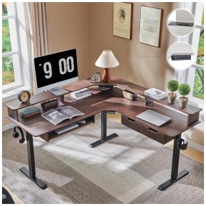 Mesa Gamer em L Elétrica RedLemon Nogueira Escura 152 cm com Altura Ajustável Gavetas Bandeja Teclado Tomadas e Luzes LED Modelo ELD60LS-DWT