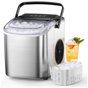 Máquina de Gelo Portátil que Produz 12 kg em 24H com Limpeza Automática e Material de Aço iInoxidável 110V 300W Electactic Prata