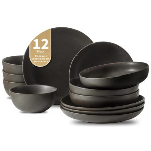 Aparelho de Jantar de Cerâmica Tikooere para 4 Pessoas Acabamento Fosco Preto Resistente a Riscos Pode ir ao Micro-ondasTikooere