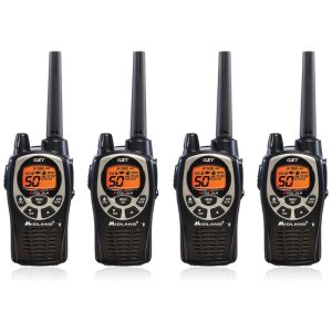 Rádio Comunicador Walkie Talkie Midland GXT1000VP4 Rádio Bidirecional GMRS de 50 Canais Alcance de até 58 km Preto/Prata Pacote com 4 Unidades.