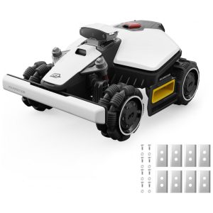 Robô Cortador de Grama Mammotion LUBA mini AWD 1500H Branco com Garagem Tração 4 Rodas para 80% Inclinação Visão AI UltraSense+RTK Mapeamento Automático Altura 56-10 cm até 1500 m² Modelo LUBAmini1500H-B.