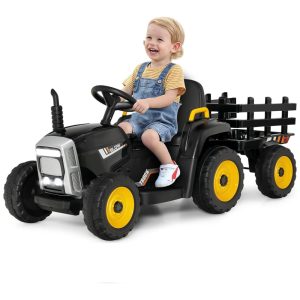 Trator Elétrico Infantil 2 em 1 com Reboque Controle Remoto Câmbio de 3 Marchas Música USB e Bluetooth 12V Olakids Preto