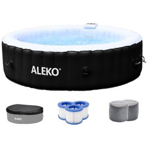Hidromassagem Inflável ALEKO 6 Pessoas 265L 130 Jatos Painel Digital Aquecedor 1200W PVC Redonda Preto/Branco 110V