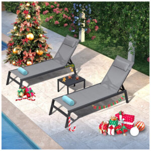 Espreguiçadeiras para Jardim em Alumínio com Mesa Lateral e Almofada Reclináveis para Piscina e Praia PURPLE LEAFCinza