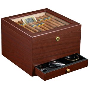 Umidor de Charutos Flauno com Capacidade para 70 Charutos Trava Circulação de Ar Cedro Espanhol Higrômetro Digital e Gaveta
