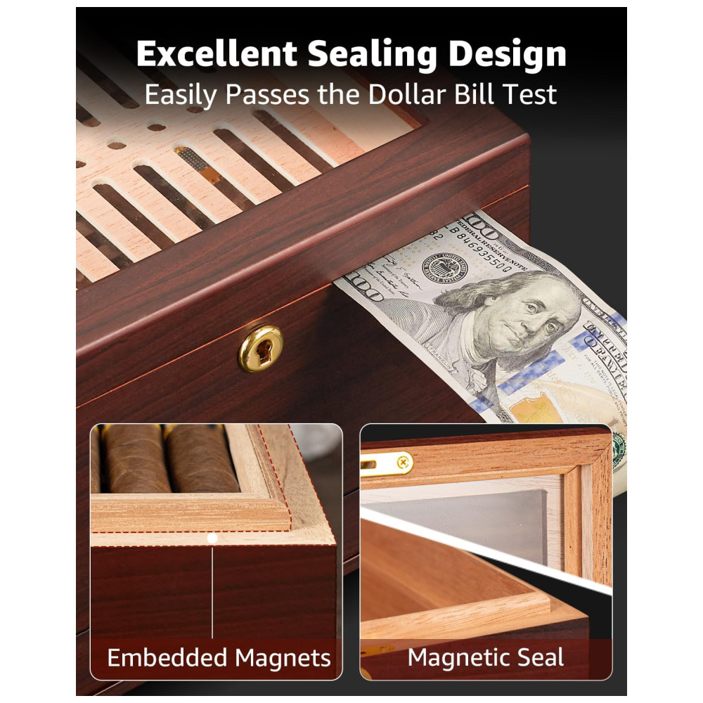 Umidor de Charutos Flauno com Capacidade para 70 Charutos Trava Circulação de Ar Cedro Espanhol Higrômetro Digital e Gaveta - Imagem 2