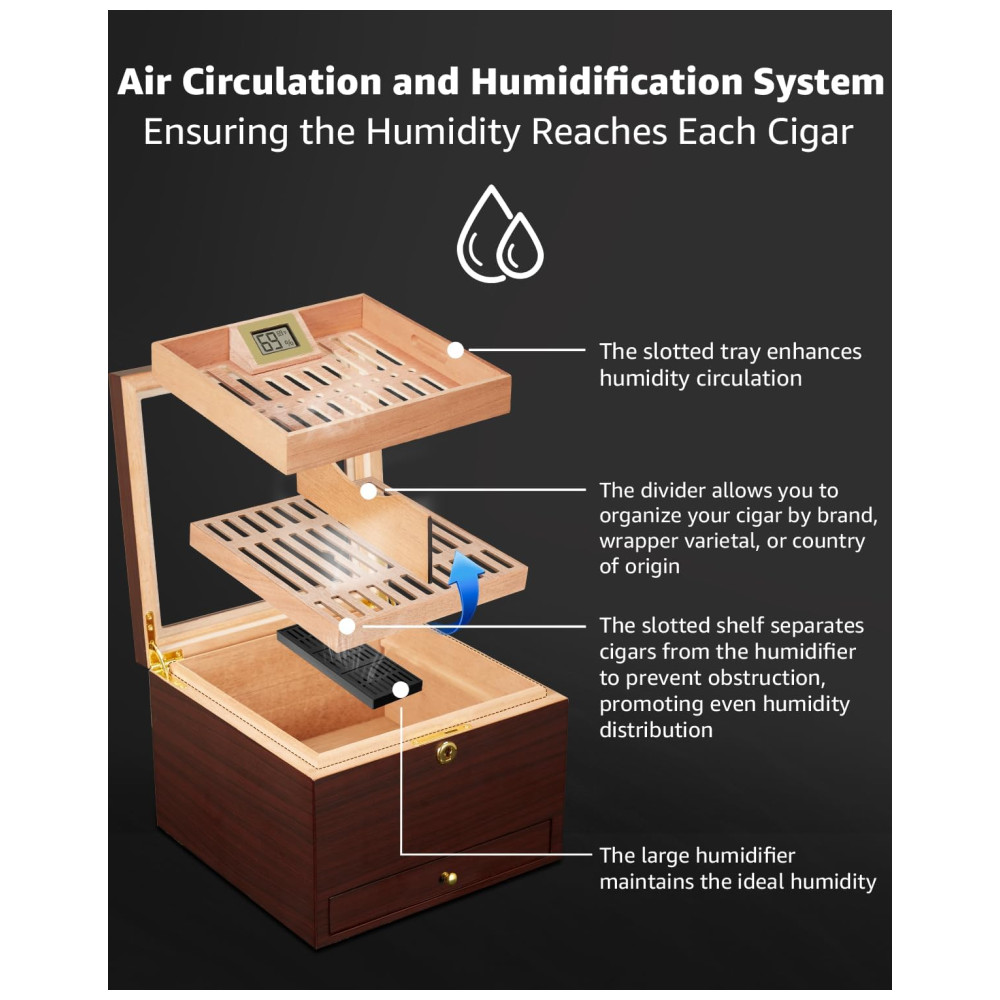 Umidor de Charutos Flauno com Capacidade para 70 Charutos Trava Circulação de Ar Cedro Espanhol Higrômetro Digital e Gaveta - Imagem 3