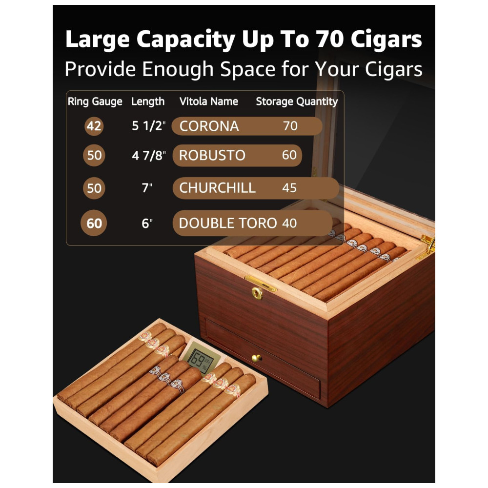 Umidor de Charutos Flauno com Capacidade para 70 Charutos Trava Circulação de Ar Cedro Espanhol Higrômetro Digital e Gaveta - Imagem 4