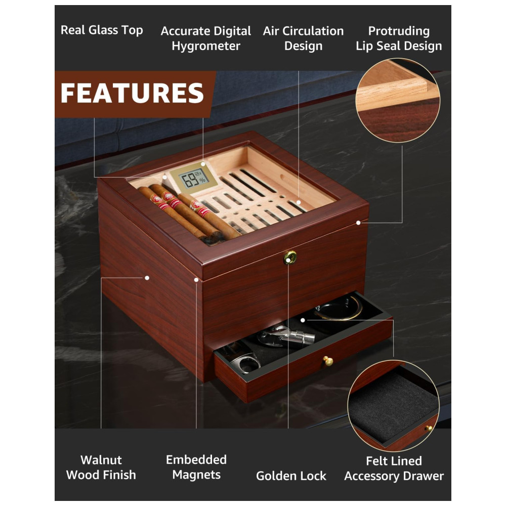 Umidor de Charutos Flauno com Capacidade para 70 Charutos Trava Circulação de Ar Cedro Espanhol Higrômetro Digital e Gaveta - Imagem 5