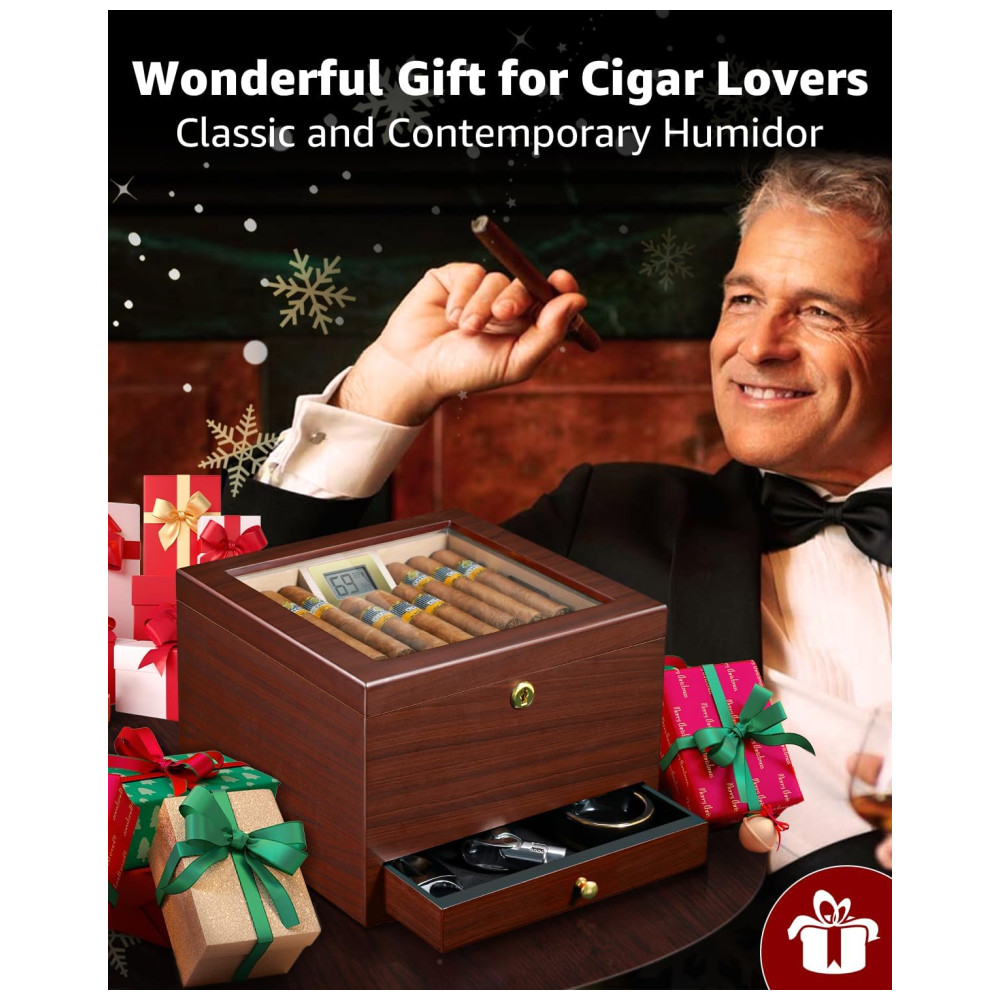 Umidor de Charutos Flauno com Capacidade para 70 Charutos Trava Circulação de Ar Cedro Espanhol Higrômetro Digital e Gaveta - Imagem 6