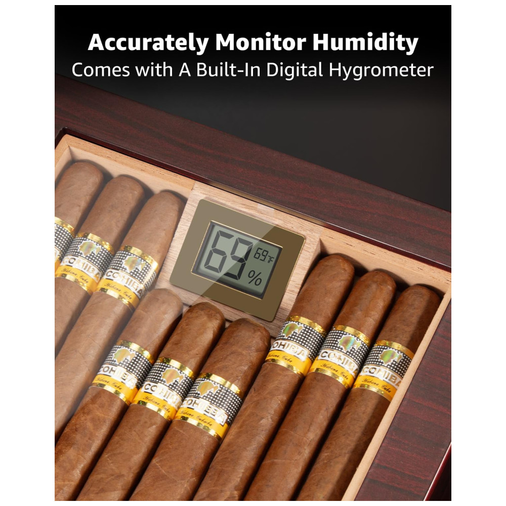 Umidor de Charutos Flauno com Capacidade para 70 Charutos Trava Circulação de Ar Cedro Espanhol Higrômetro Digital e Gaveta - Imagem 7