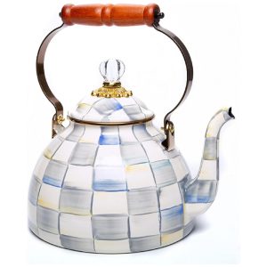 Chaleira de Chá Esmaltada 3 Litros com Pássaro MacKenzie Childs Branca e Azul
