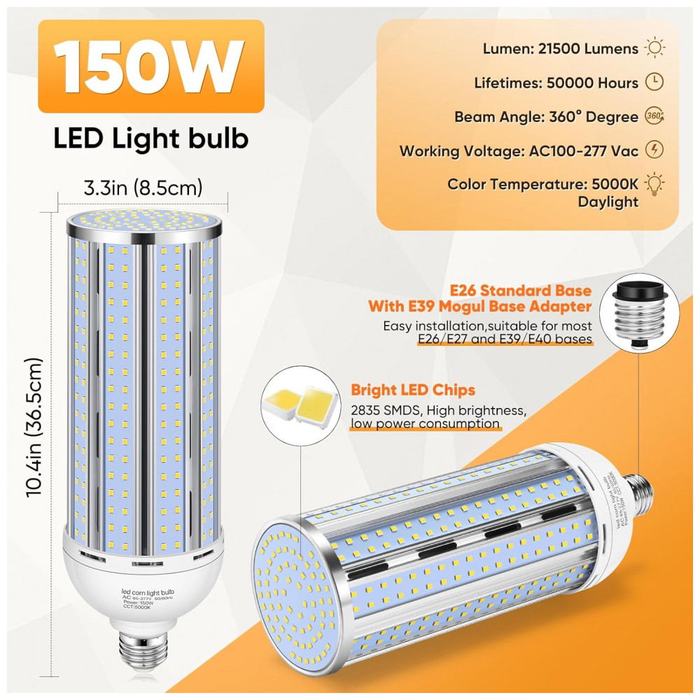 Conjunto de 4 Lâmpadas de LED de Milho 150W, Design sem Ventoinha 5000K Luz do Dia Equivalente a 1500 Watts Base Mogul Grande E26E39 XYCN - Imagem 3