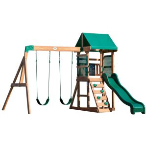 Playground Infantil de Madeira com Caixa de Areia Parede de Escalada Escorregador e 2 Balanços Backyard Discovery Verde