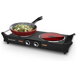 Cooktop Elétrico de Infravermelho Portátil em Aço Inoxidável Escovado com Queimador Duplo e Controle de Temperatura Duplo Ajustável 110V 1800W Techwood Preto
