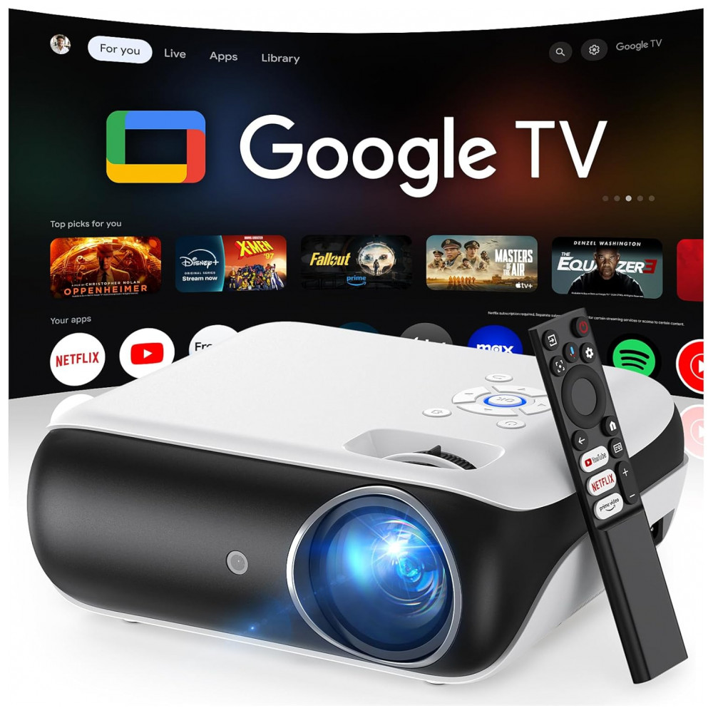 Projetor Inteligente Oficialmente Licenciado Google TV, HAPPRUN 4K UHD para Cinema em Casa com Som Dolby, WiFi Bluetooth, Aplicativos de Streaming