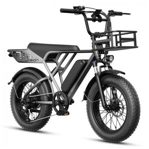 Bicicleta elétrica Jasion RetroVolt cinza com cesta dianteira pneus 20x4 suspensão dupla motor 1500W pico bateria 48V 13Ah 70 km 7 marchas 110V