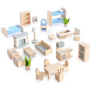 Móveis para Casa de Bonecas Guidecraft Modern Home 24 Peças Natural Madeira de Bétula Detalhes em Feltro Escala 1:12 para 5 Cômodos