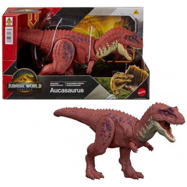 Brinquedo de Dinossauro Mattel Jurassic World Rebirth Wild Roar, Aucasaurus com Mordida Controlada pela Cauda, Ataque Multidirecional, Sons Digitais