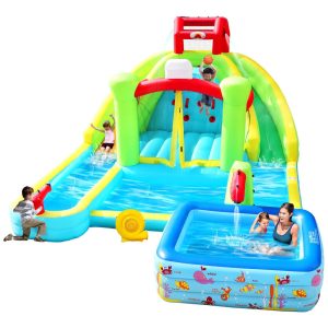 Parque Aquático Inflável com Duplo Tobogã Castelo Pula-Pula Escalada Piscina Basquete e Piscina Profunda de Tamanho GenerosoWELLFUNTIME