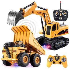 Kit de Brinquedos de Máquinas de Construção RC JOYIN - Escavadeira e Caminhão Basculante com Luzes e Sons para Diversão Infinita