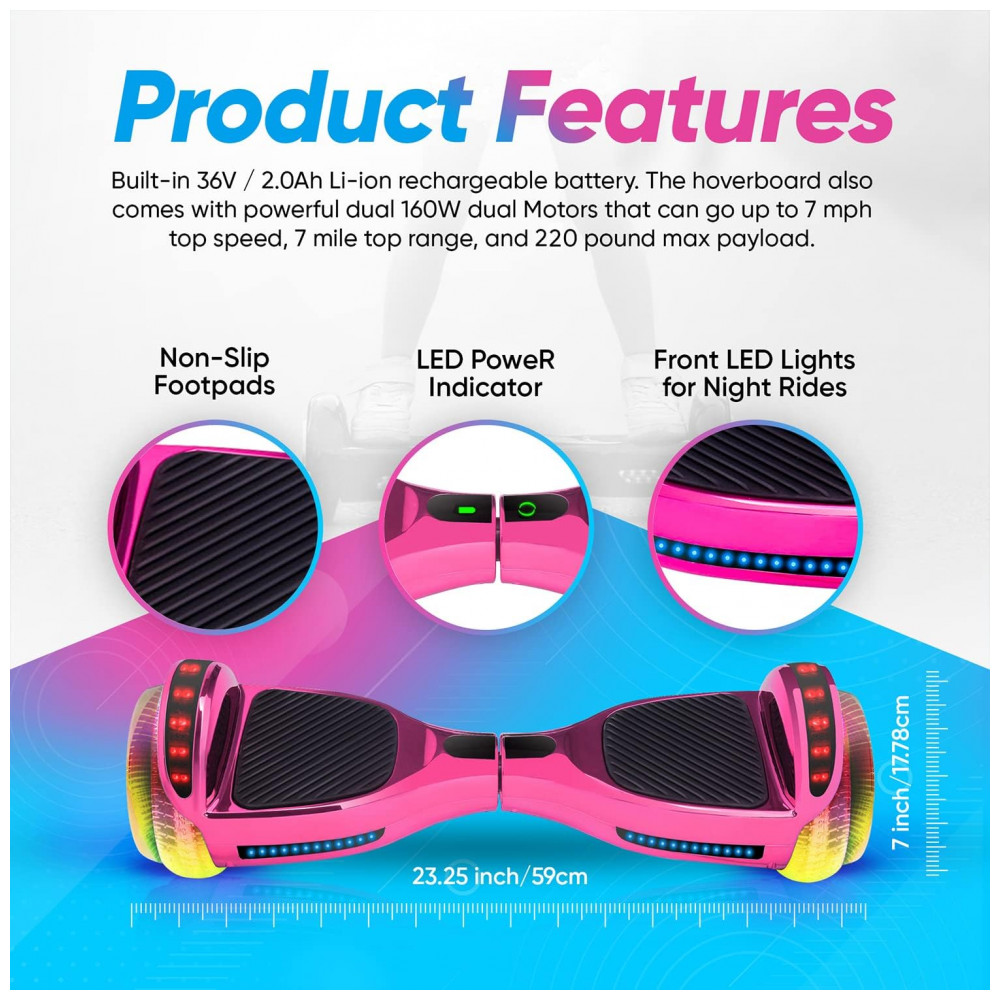 Hoverboard Emaxusa Rosa de 6,5 Polegadas para Crianças com Bluetooth, Rodas LED Estilo Túnel e Superfície Antiderrapante - Imagem 2