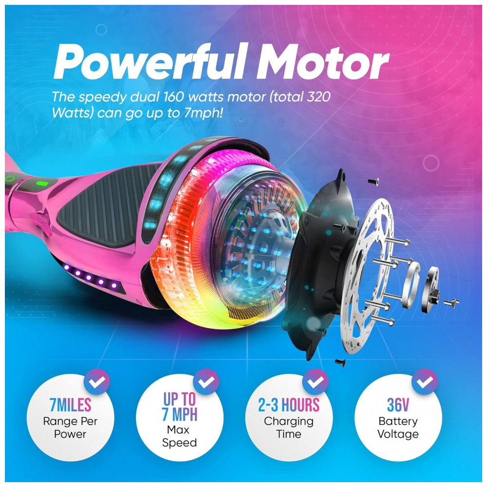 Hoverboard Emaxusa Rosa de 6,5 Polegadas para Crianças com Bluetooth, Rodas LED Estilo Túnel e Superfície Antiderrapante - Imagem 5