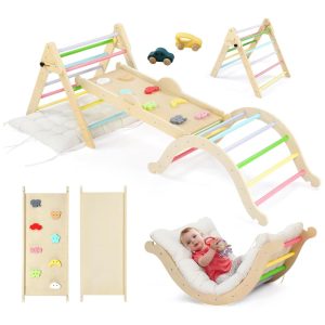 Conjunto JOYMOR 9 em 1 de Triângulo Pikler com Almofada Grande Conjunto de Escalada de Madeira Montessoriano para Crianças com Pedras Coloridas Bala