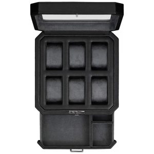 Caixa Estojo de Couro e Tampo de Vidro para Relógios com 6 Compartimentos ROTHWELL Preto