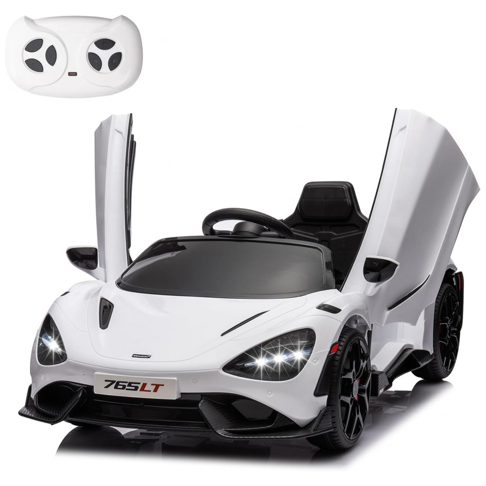 Carro Elétrico Infantil McLaren765LT MUKIDY Branco 12V Controle Remoto Música Luzes LED 3 Velocidades Cinto Segurança Modelo Licenciado