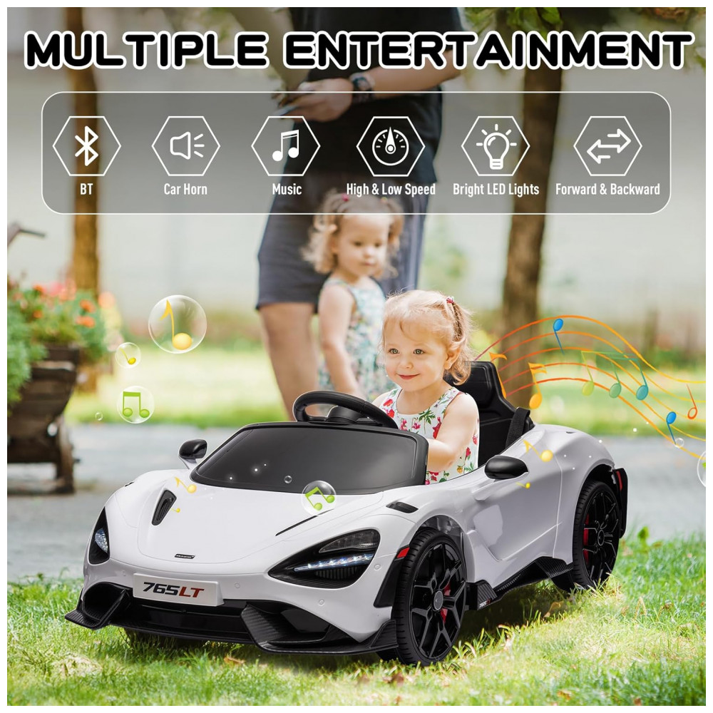 Carro Elétrico Infantil McLaren765LT MUKIDY Branco 12V Controle Remoto Música Luzes LED 3 Velocidades Cinto Segurança Modelo Licenciado - Imagem 2