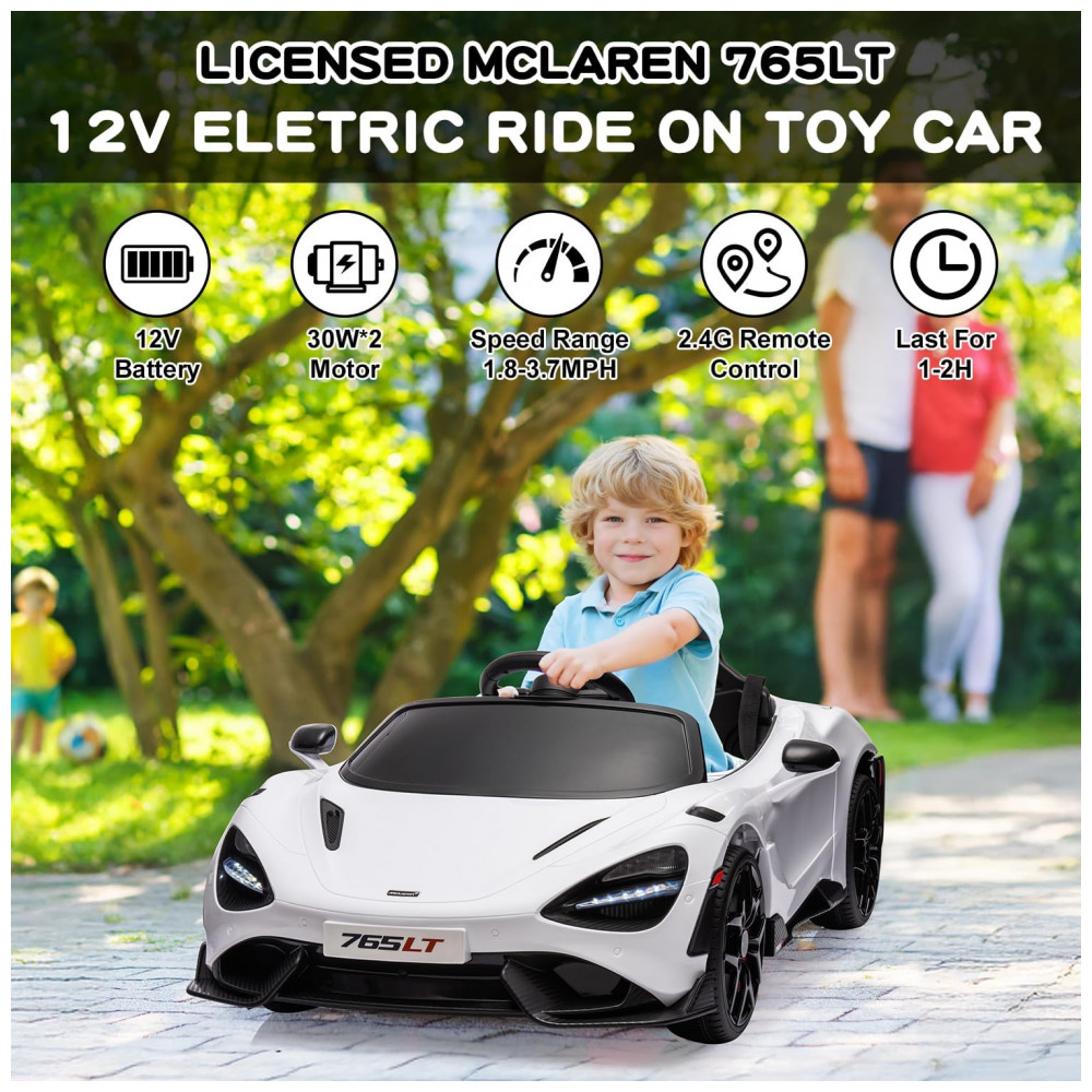 Carro Elétrico Infantil McLaren765LT MUKIDY Branco 12V Controle Remoto Música Luzes LED 3 Velocidades Cinto Segurança Modelo Licenciado - Imagem 3