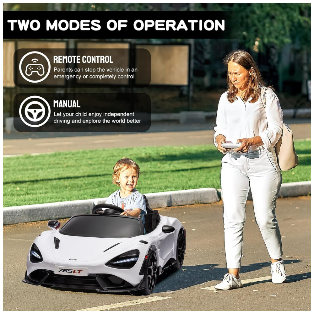 Carro Elétrico Infantil McLaren765LT MUKIDY Branco 12V Controle Remoto Música Luzes LED 3 Velocidades Cinto Segurança Modelo Licenciado - Imagem 4