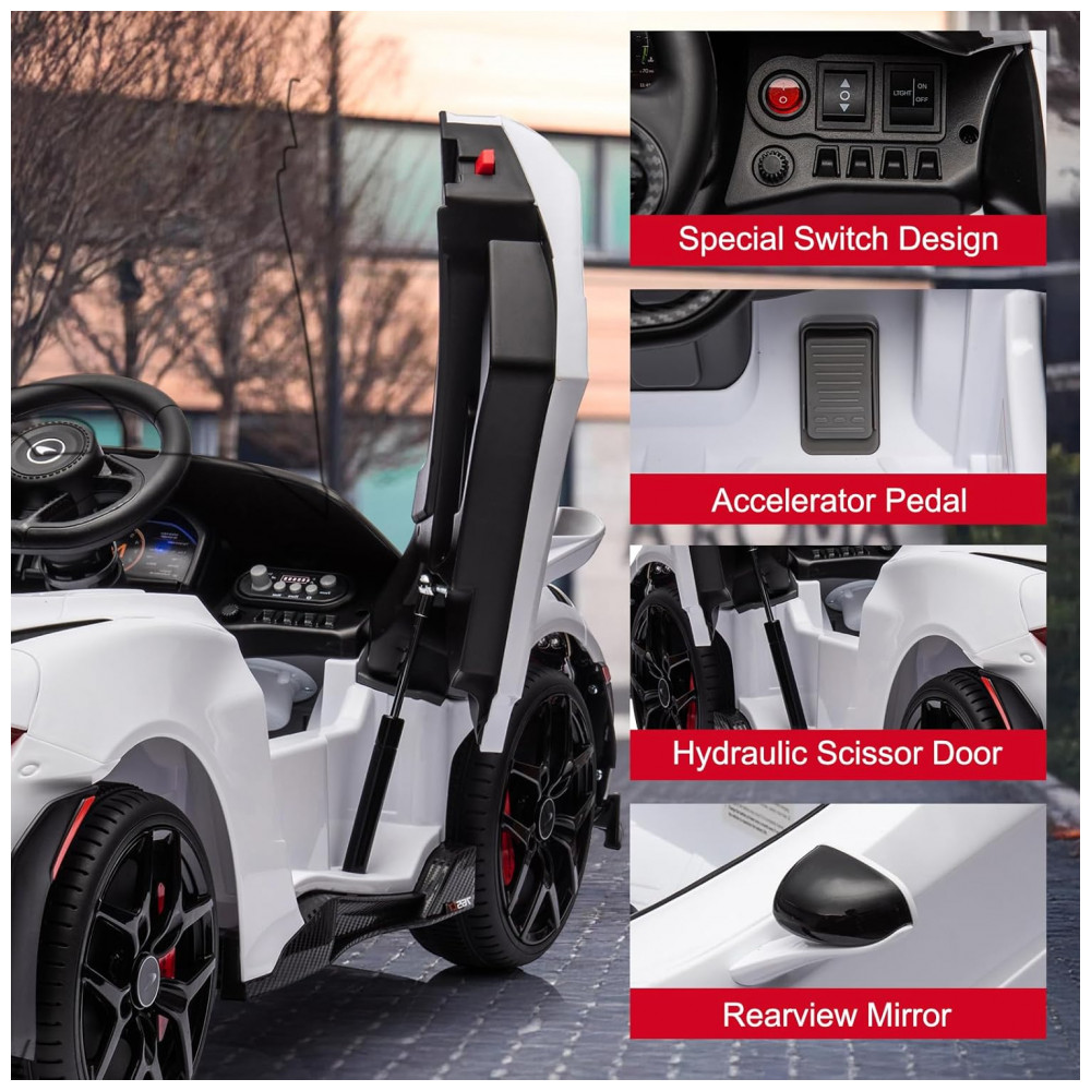 Carro Elétrico Infantil McLaren765LT MUKIDY Branco 12V Controle Remoto Música Luzes LED 3 Velocidades Cinto Segurança Modelo Licenciado - Imagem 6