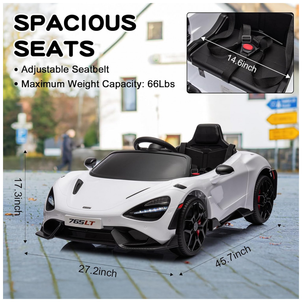 Carro Elétrico Infantil McLaren765LT MUKIDY Branco 12V Controle Remoto Música Luzes LED 3 Velocidades Cinto Segurança Modelo Licenciado - Imagem 7