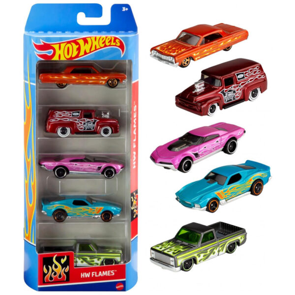 Conjunto de 5 Carrinhos de Brinquedo Hot Wheels em Escala 1:64 - Pacote com Carros de Corrida, Hot Rods, Carros de Personagens e Caminhões de Resgate