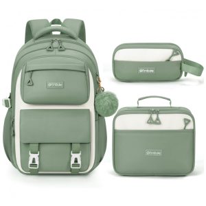 Mochila escolar Fimibuke infantil juvenil verde conjunto 3 peças com lancheira térmica e estojo impermeável