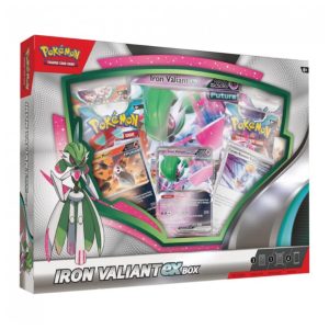 Box Pokémon TCG Roaring Moon ou Iron Valiant ex com cartas promocionais e boosters