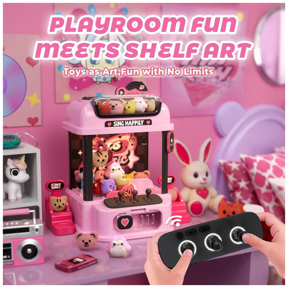 Máquina de Garra Rosa JoyfoxToy – Mini Arcade Infantil com Controle Remoto, 10 Pelúcias, 10 Cápsulas e Moedas - Imagem 3