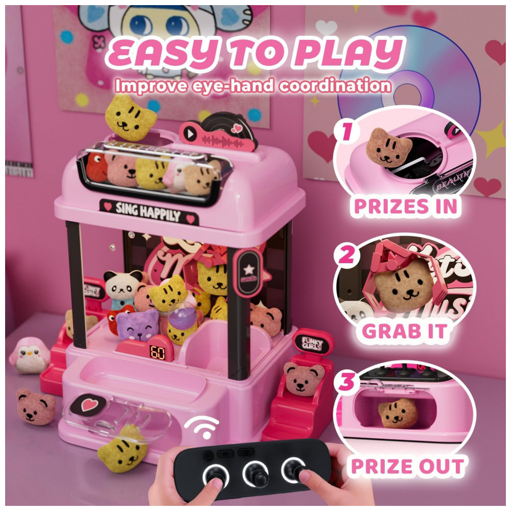 Máquina de Garra Rosa JoyfoxToy – Mini Arcade Infantil com Controle Remoto, 10 Pelúcias, 10 Cápsulas e Moedas - Imagem 5