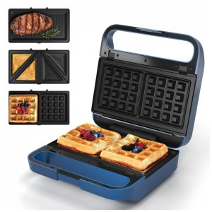 Sanduicheira Elétrica 3 em 1 Sunvivi Azul 850W Placas Removíveis Tampa Vidro 120V 23x23x9 cm