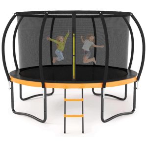 Trampolim Liyarya 12FT 14FT Trampolim para crianças Adultos Trampolins recreativos ao ar livre com postes curvos de rede e escada revestimento antiferrugem de trampolim resistente aprovação ASTM laranja preto 12FT