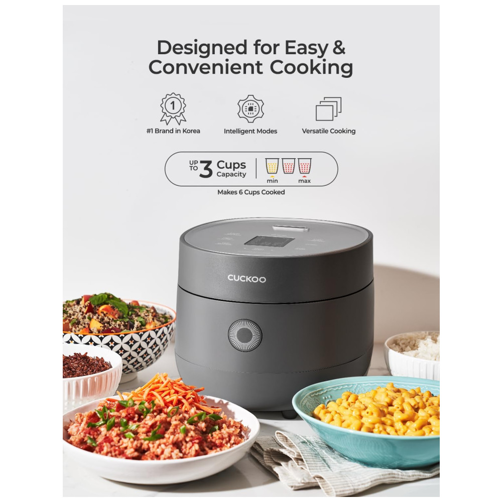Panela de Arroz CUCKOO 3 Xícaras Cru / 6 Xícaras Cozido com Lógica Fuzzy Timer Modo Limpeza Automática Tigela Antiaderente Cinza (CR-0375FG). - Imagem 3