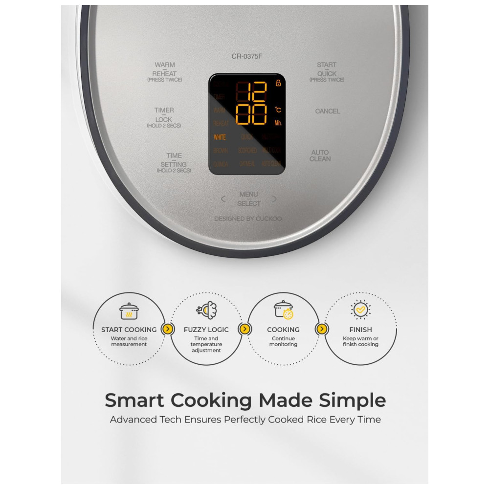 Panela de Arroz CUCKOO 3 Xícaras Cru / 6 Xícaras Cozido com Lógica Fuzzy Timer Modo Limpeza Automática Tigela Antiaderente Cinza (CR-0375FG). - Imagem 5