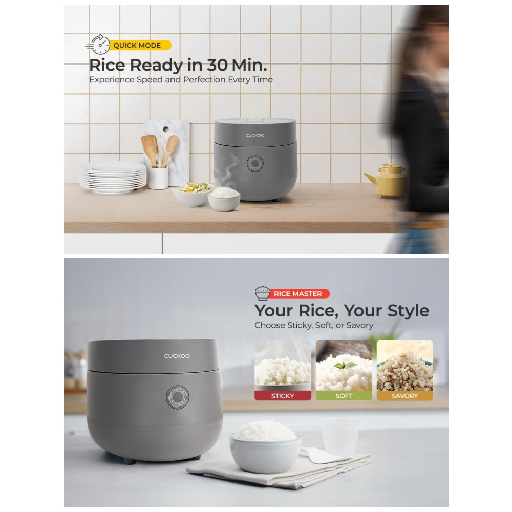 Panela de Arroz CUCKOO 3 Xícaras Cru / 6 Xícaras Cozido com Lógica Fuzzy Timer Modo Limpeza Automática Tigela Antiaderente Cinza (CR-0375FG). - Imagem 6