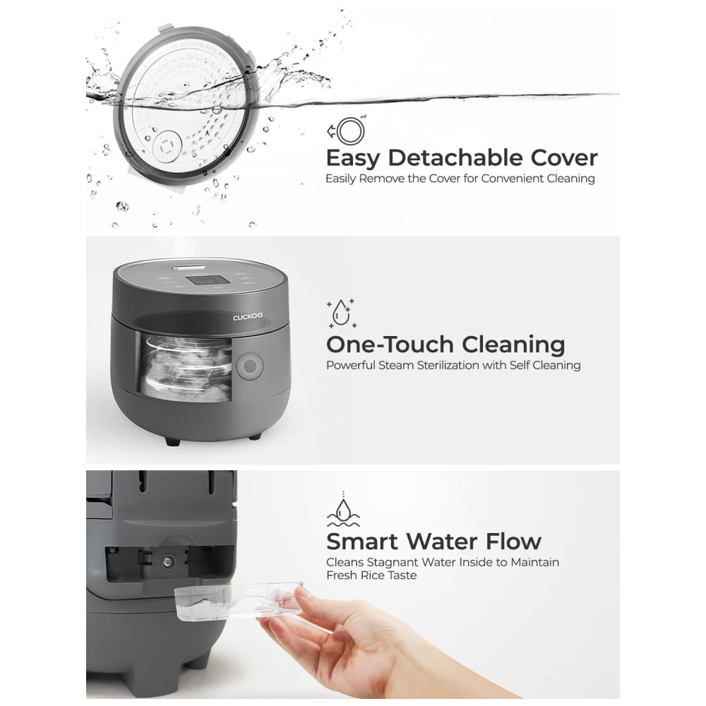 Panela de Arroz CUCKOO 3 Xícaras Cru / 6 Xícaras Cozido com Lógica Fuzzy Timer Modo Limpeza Automática Tigela Antiaderente Cinza (CR-0375FG). - Imagem 8