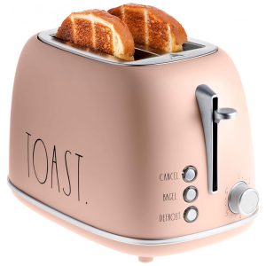Torradeira Rae Dunn Retrô 2 Fatias Inox Rosa Blush com Fendas Largas 6 Níveis de Tostagem Funções Bagel e Descongelar Bandeja de Migalhas Removível 110V