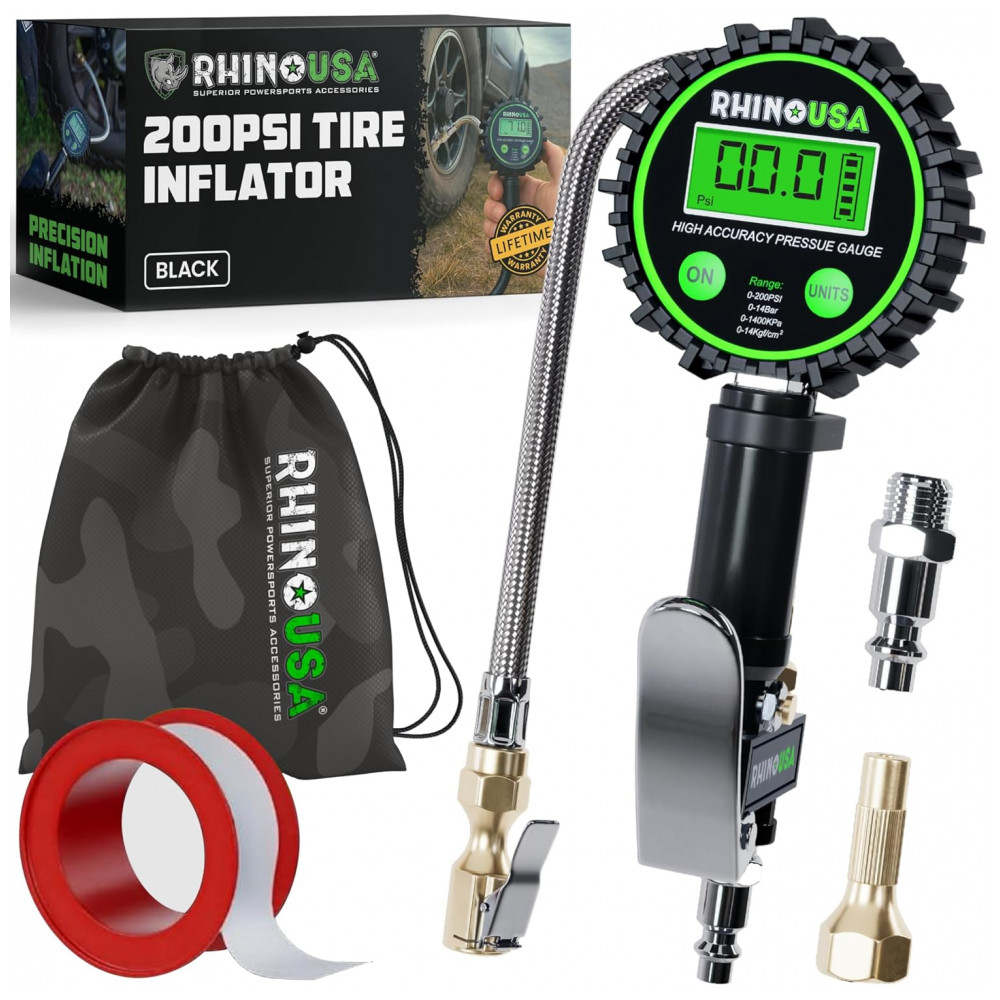 Medidor de Pressão de Pneus Digital Rhino USA com Inflador 0200 PSI, Engate de Ar Resistente e Acessórios para Compressor com Mangueira Trançada de Aç